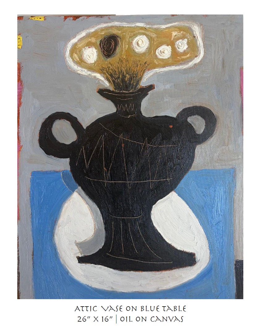attic vase on blue table 26x16 oil on canvas