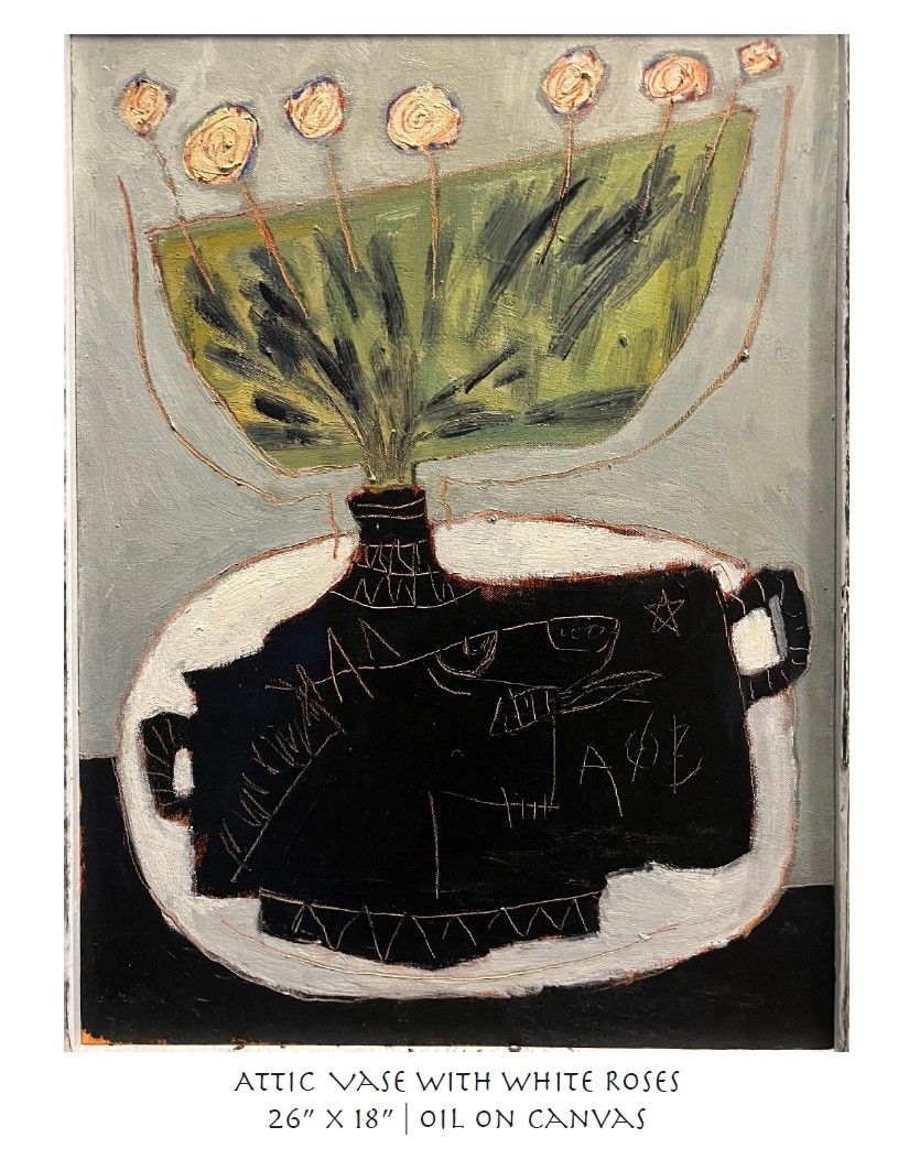 attic vase with white roses 26x18 oil on canvas