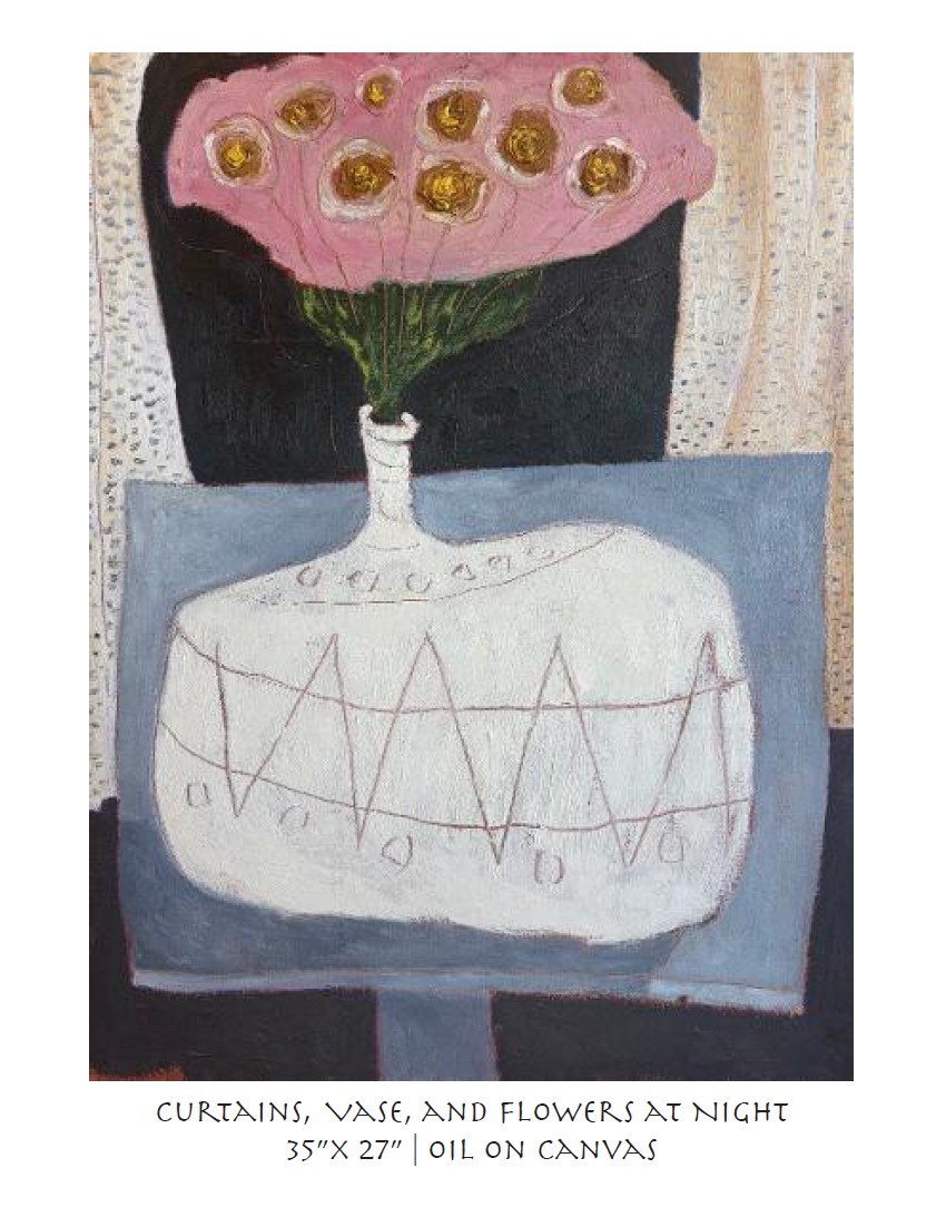 curtains vase and flowers at night 35x27 oil on canvas