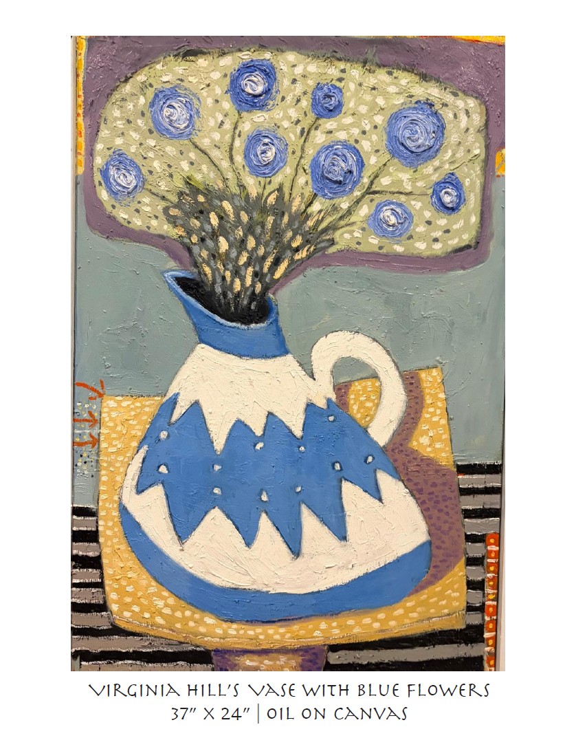 virgina mills vase with blue flowers 32x24 oil on canvas